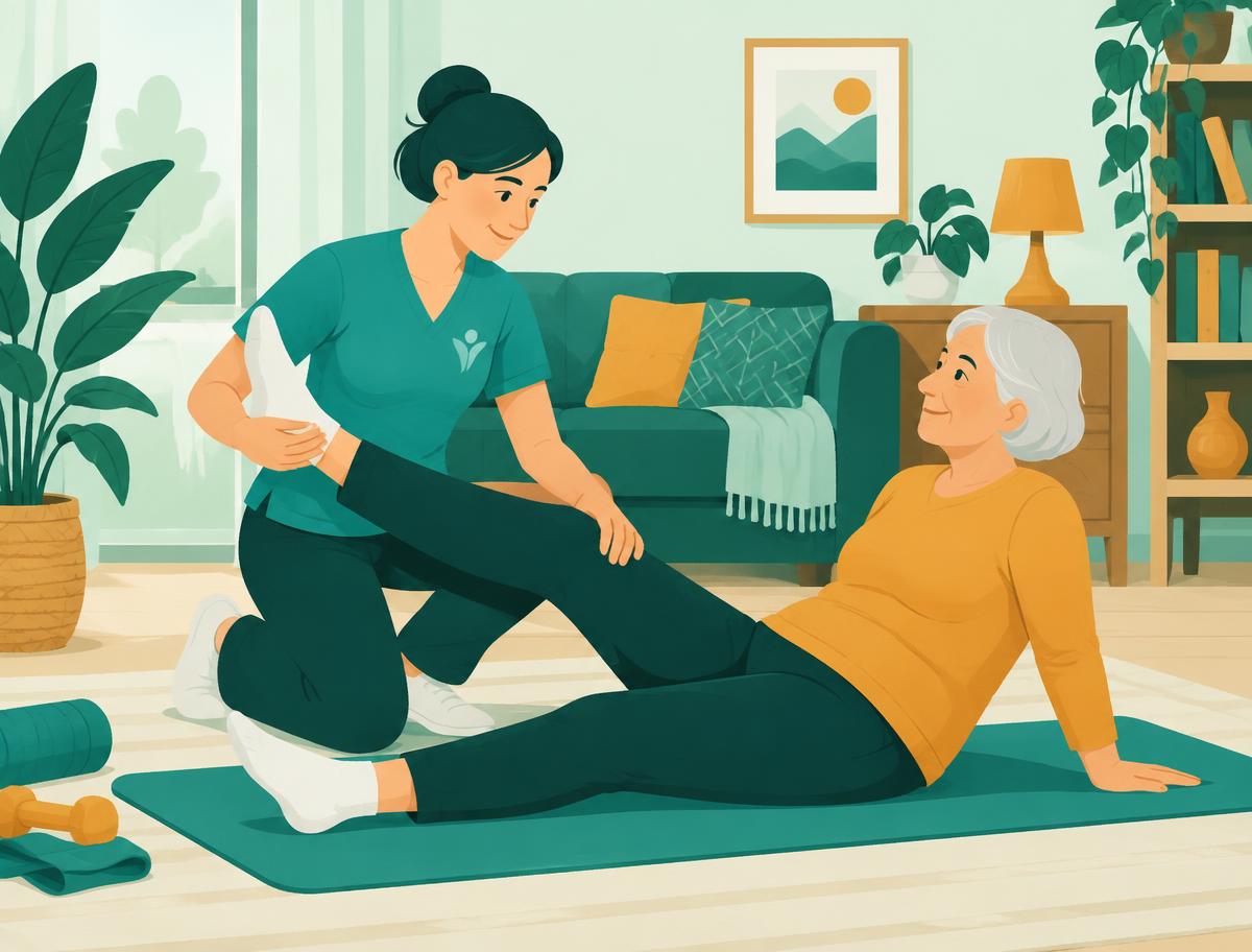 Physiotherapist home visit Physiotherapist home visit booking in India — physiotherapist supporting an older patient at home